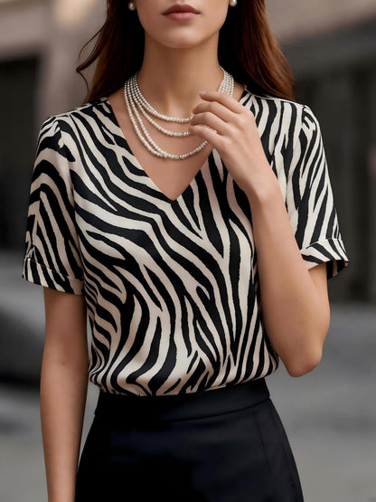 Damen Zebra-Print Bluse mit V-Ausschnitt und kurzen Ärmeln – Modisch & Elegant für Büro und Alltag