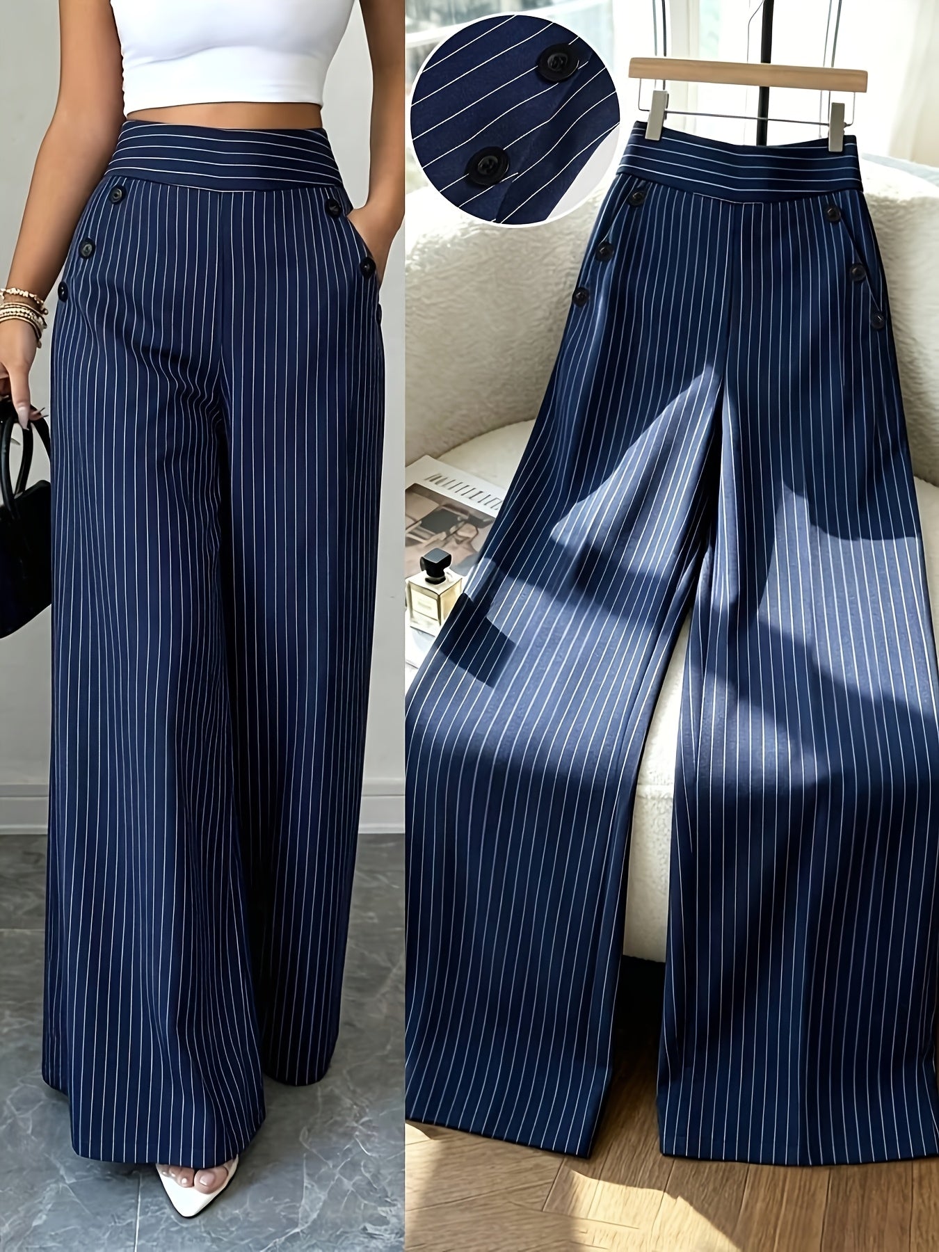 Damen Weitbeinige High-Waist Maritim-Hose mit Streifen und Knopfdetails – Eleganter Büro- und Freizeit-Look