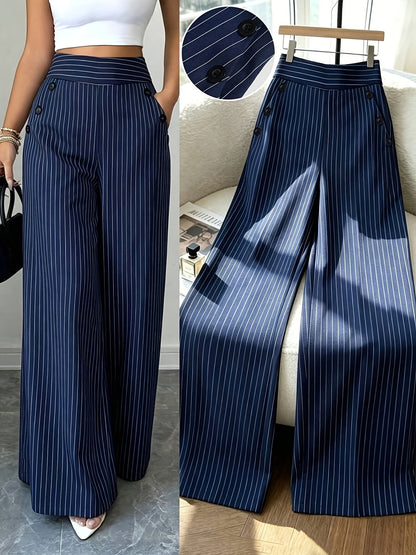 Damen Weitbeinige High-Waist Maritim-Hose mit Streifen und Knopfdetails – Eleganter Büro- und Freizeit-Look