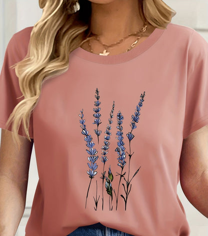 Damen T-Shirt mit Lavendel-Blumenprint – Künstlerisches Freizeitshirt für Alltag und besondere Anlässe