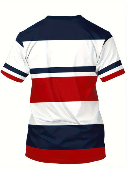 Herren T-Shirt im College-Stil mit Streifen und Wappen – Freizeitmode für Alltag & Sport