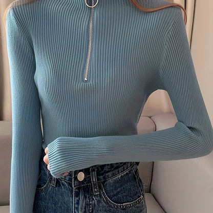 Damen Strickpullover mit Stehkragen und Reißverschluss – Modischer Rippstrick, figurbetont, sportlich-elegant