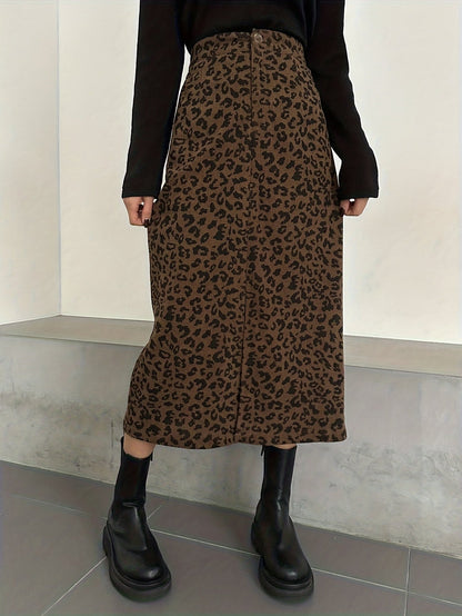Damen Midi Rock mit Leopardenmuster und Schlitz, Rippstruktur