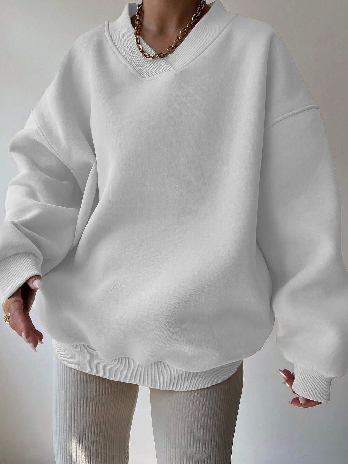 Damen Oversize Sweatshirt V-Ausschnitt Langarm Weiß