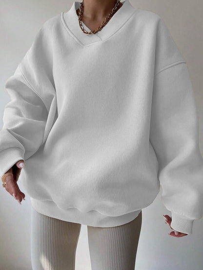 Damen Oversize Sweatshirt V-Ausschnitt Langarm Weiß