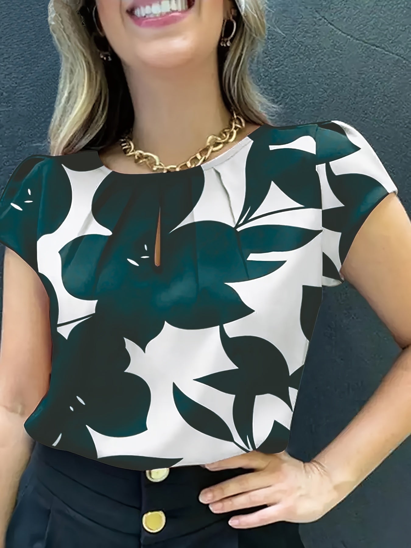 Damen Bluse mit modernem Print, Kurzarm, eleganter Büro- und Freizeitstil