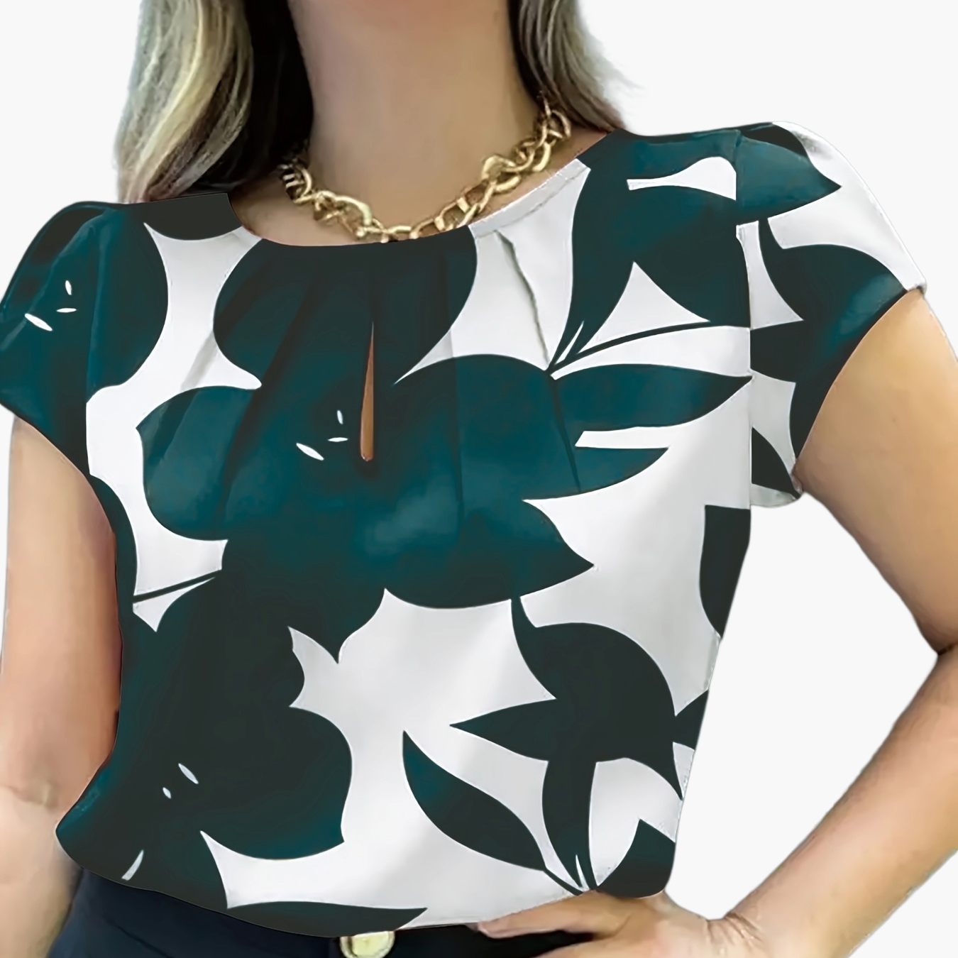 Damen Bluse mit modernem Print, Kurzarm, eleganter Büro- und Freizeitstil