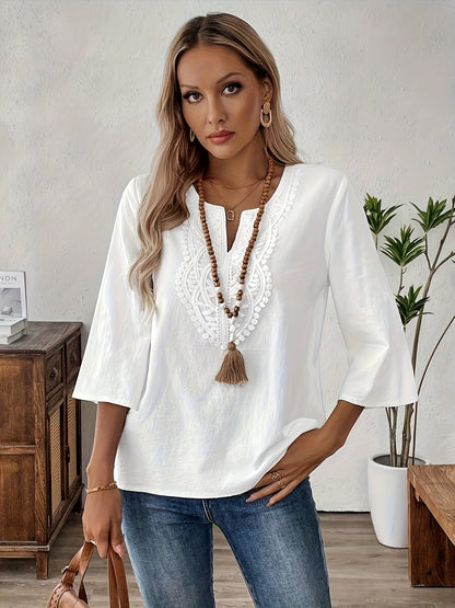 Damen Boho-Bluse mit Spitze und Stickerei – Elegante Freizeitmode für jeden Tag