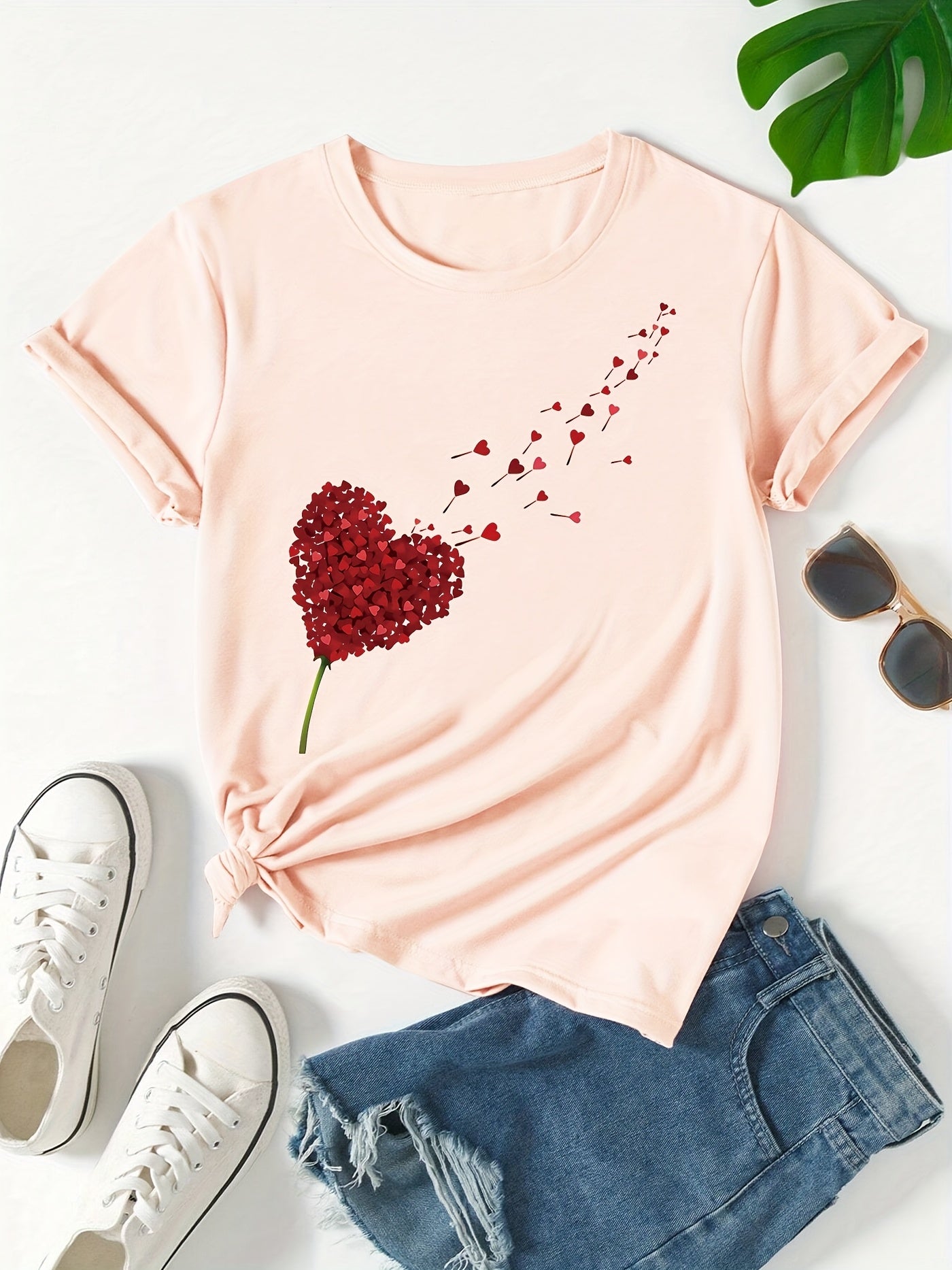 Damen T-Shirt mit Herzblumen-Design – Modisches Casual Shirt für Alltag & Freizeit