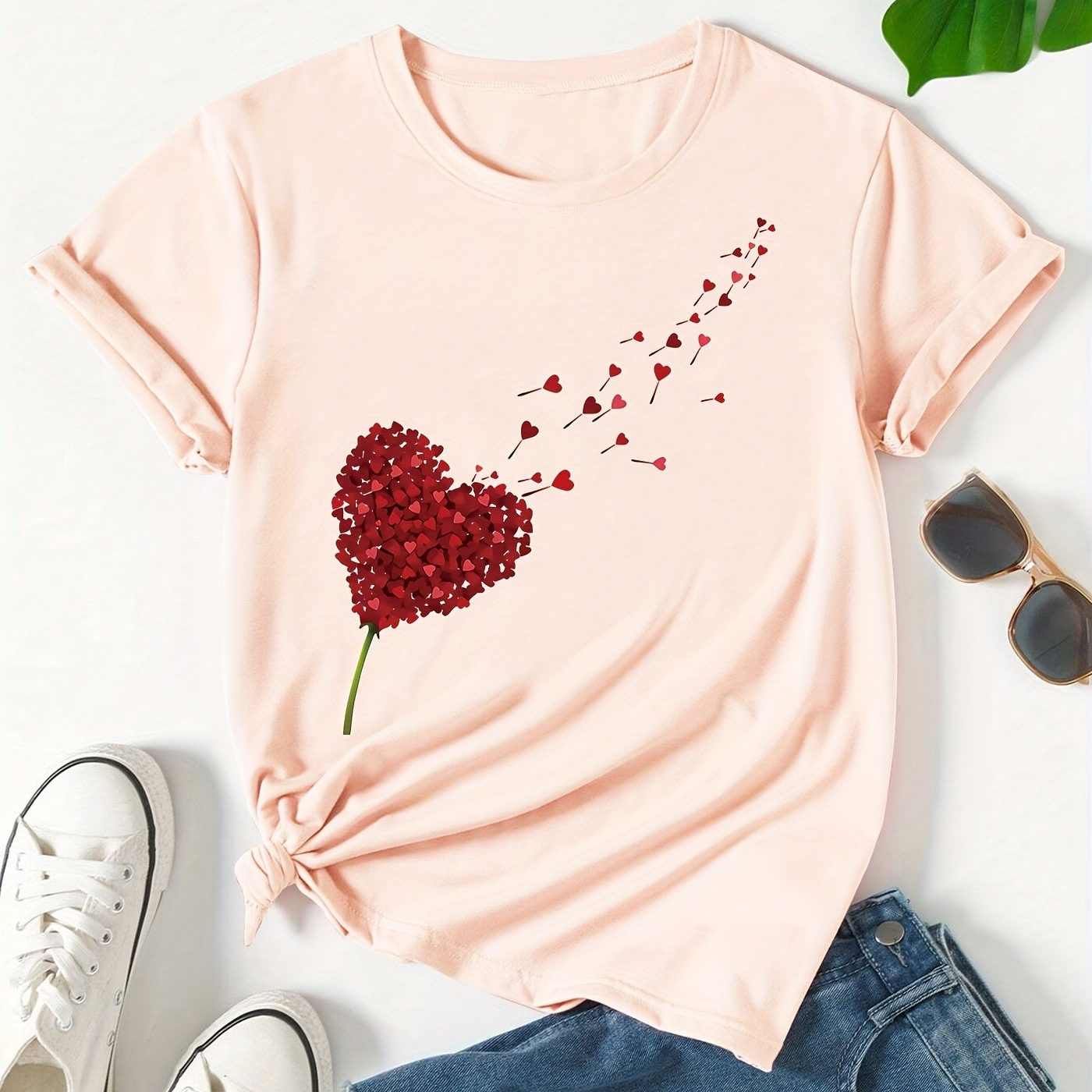 Damen T-Shirt mit Herzblumen-Design – Modisches Casual Shirt für Alltag & Freizeit