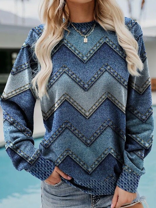 Damen Sweatshirt mit Zickzack-Denim-Muster, Rundhals, Langarm-Pullover