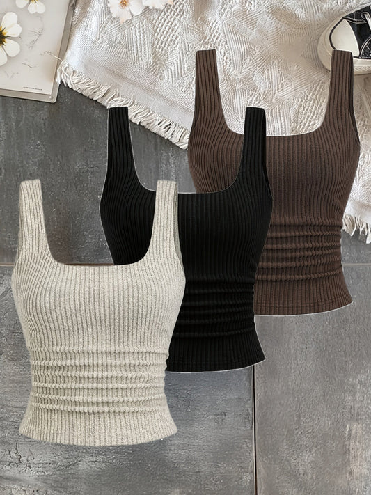Damen Rippstrick Top mit breiten Trägern und eckigem Ausschnitt – Figurbetontes Basic Tanktop für Alltag und Freizeit