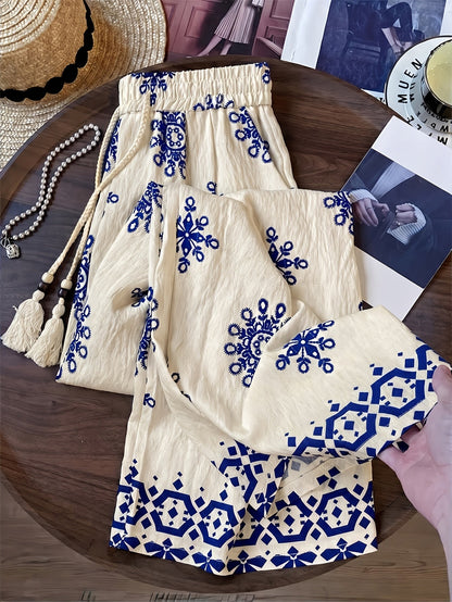 Damen Palazzo-Hose mit Boho-Stickerei und lässigem Schnitt