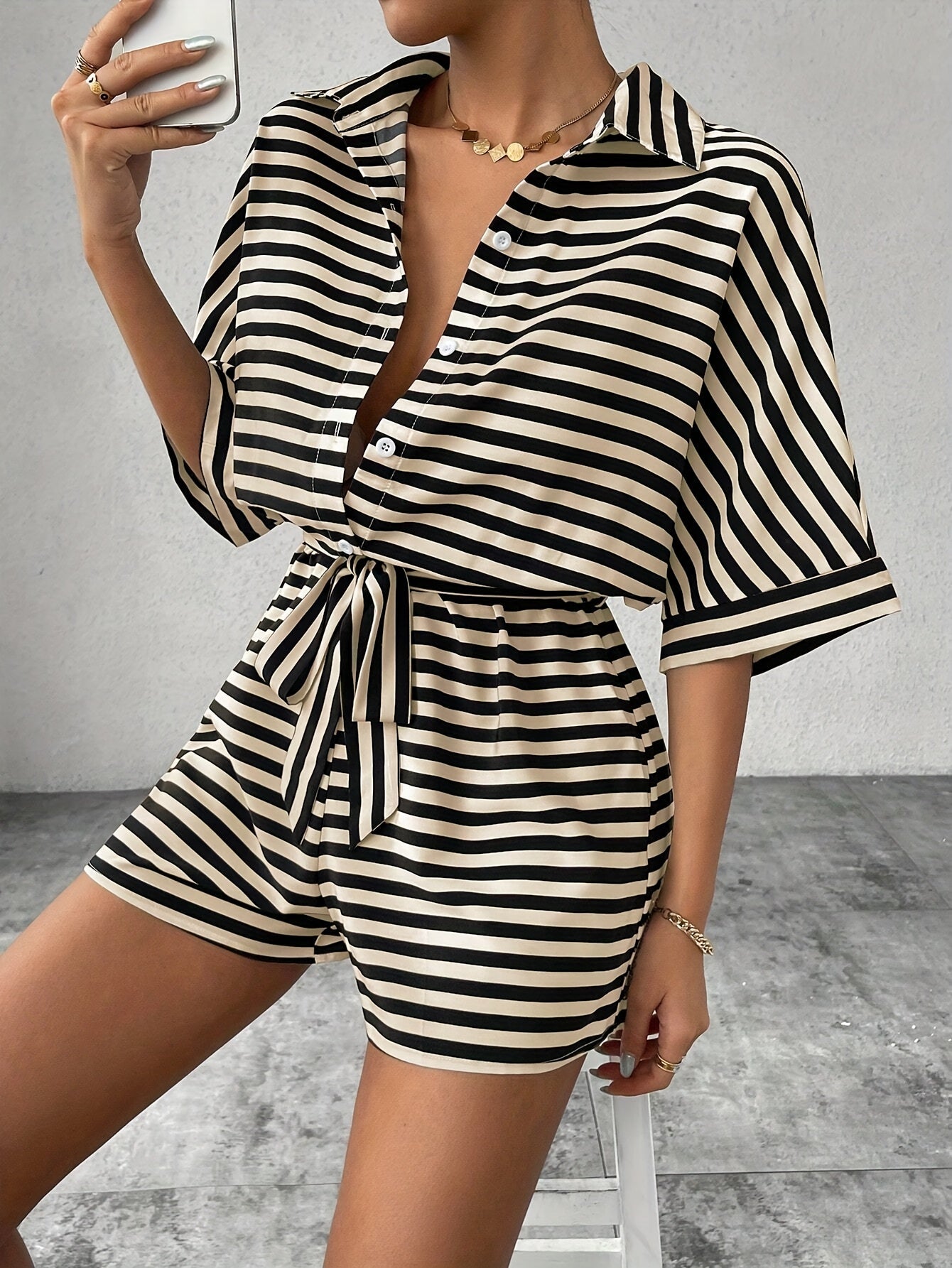 Damen Sommer Streifen Overall – Modischer Freizeit Jumpsuit mit Gürtel