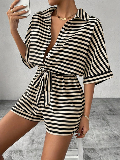 Damen Sommer Streifen Overall – Modischer Freizeit Jumpsuit mit Gürtel