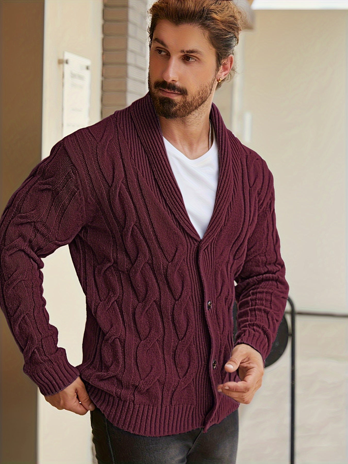 Herren Strickjacke Zopfmuster Schalkkragen Knopfleiste