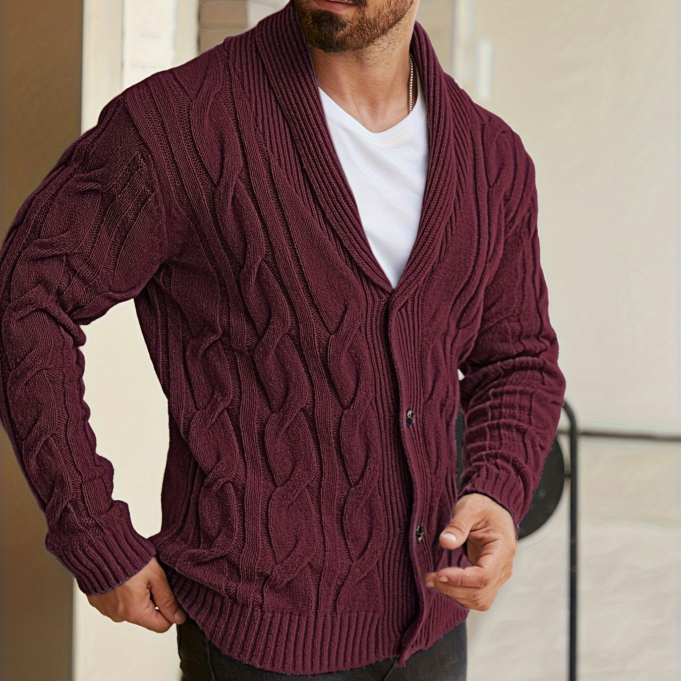 Herren Strickjacke Zopfmuster Schalkkragen Knopfleiste