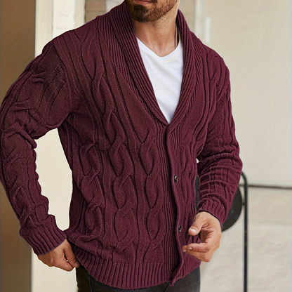Herren Strickjacke Zopfmuster Schalkkragen Knopfleiste