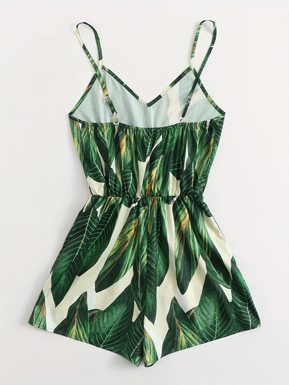 Damen Sommer-Jumpsuit mit tropischem Blätter-Print – Trendiger Einteiler für Urlaub, Strand & Freizeit