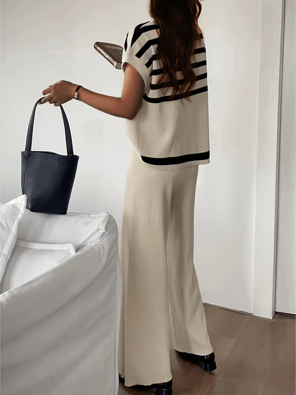 Damen Elegantes Streifen-Set mit weiter Hose und Kurzarm-Oberteil – Perfekt für Büro & Freizeit