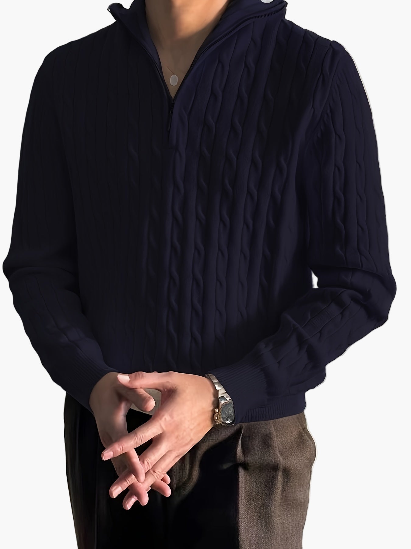 Herren Strickpullover mit Zopfmuster und halbem Reißverschluss – Casual Stil für Herbst und Winter