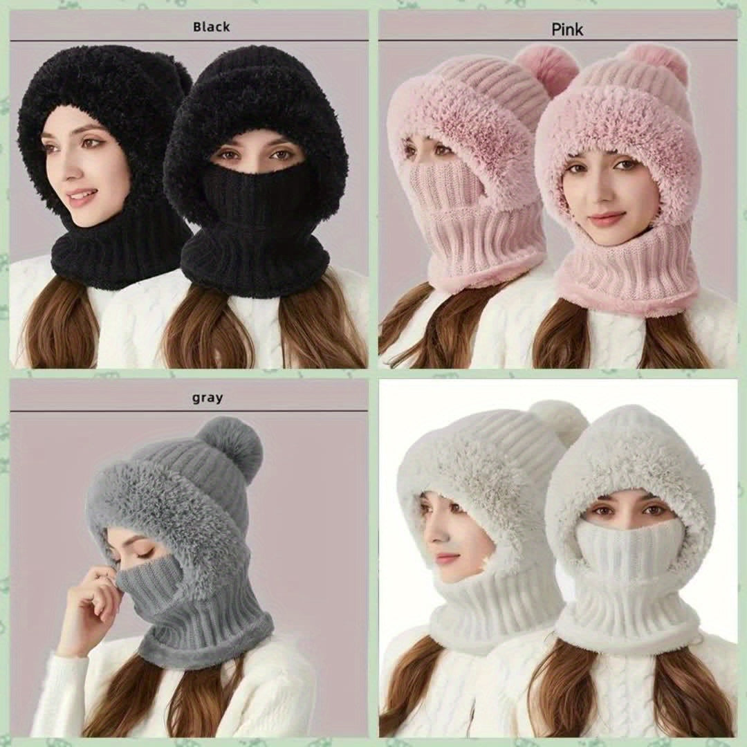Winter Beanie mit Fleece-Futter und Halswärmer – Gestrickte Mütze mit abnehmbarer Gesichtsmaske, Pompon und Pelzbesatz