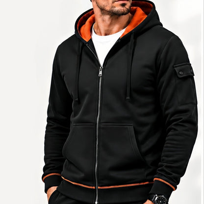 Herren Kapuzenjacke mit Reißverschluss und Kontrastfutter, Ärmeltasche