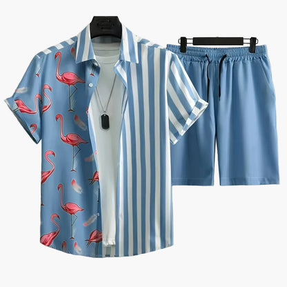 Herren Sommer Freizeitset mit Flamingo- und Streifenmuster – Modisches Kurzarm-Hemd & Shorts – Perfekt für Urlaub und Alltag