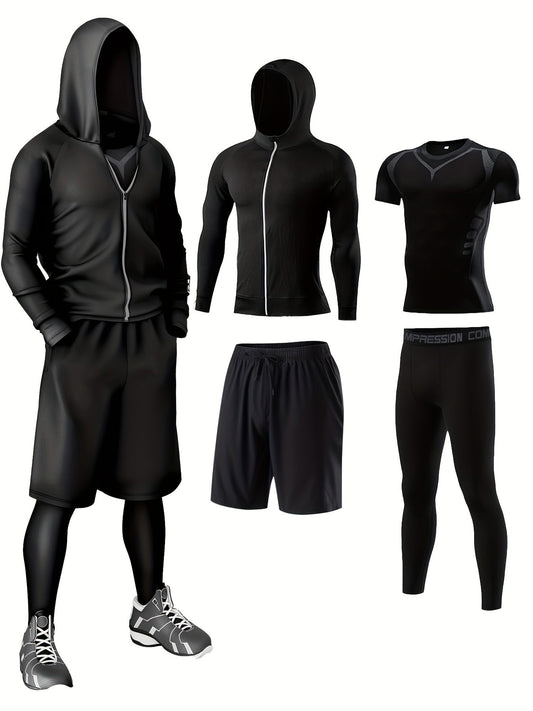 Herren Sport-Trainingsanzug 5-teilig – Fitness & Lauf Set, athletischer Stil