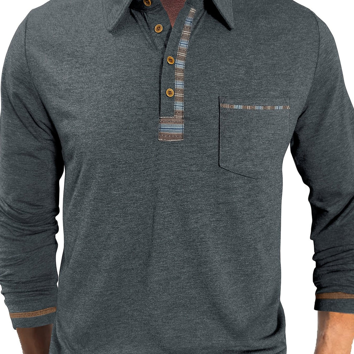 Herren Langarm Polo-Shirt mit Kragen, Knopfleiste und Brusttasche