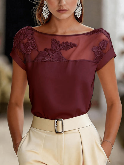 Damen Elegante Bluse mit Floraler Stickerei und Illusion-Ausschnitt – Stilvolle Fest- und Büro-Mode