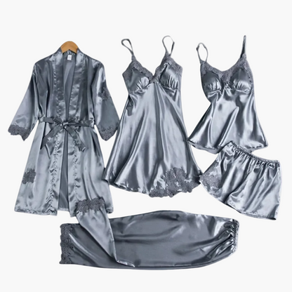 Damen Luxus Nachtwäsche Set 5-teilig – Elegantes Satin Pyjama & Loungewear Ensemble für stilvolle Nächte