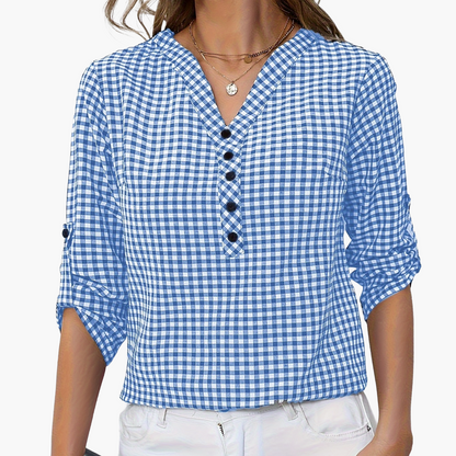 Damen Casual Karo Bluse mit Knopfleiste und 3/4-Ärmeln – Perfekt für Alltag & Büro