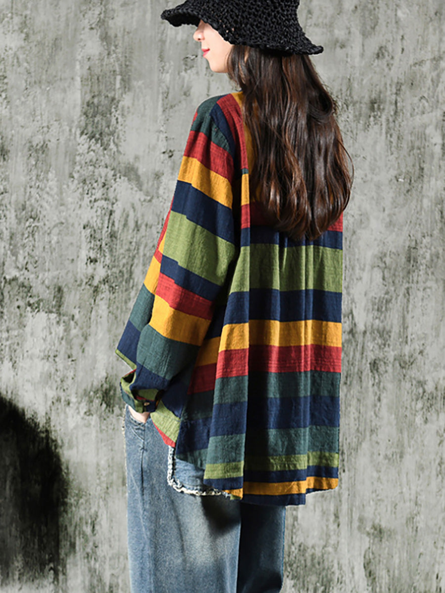 Damen Casual Oversize Streifen Bluse mit Stehkragen – Lockeres Baumwollhemd für Alltag und Freizeit