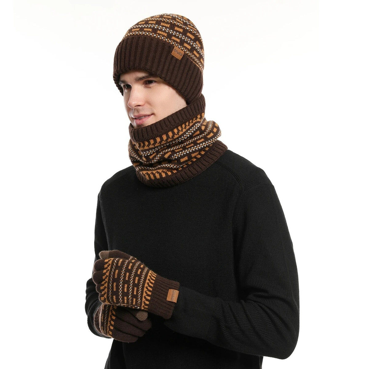 Unisex Wintermütze Schal Handschuhe Set, Gestricktes Beanie mit Nackenwärmer & Touchscreen-Handschuhen
