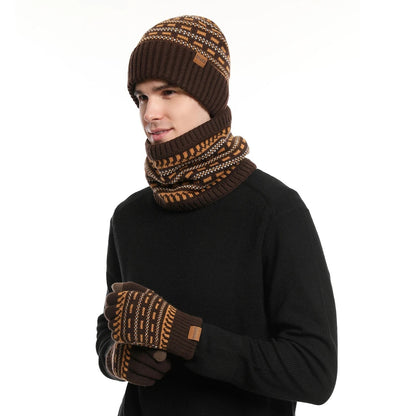 Unisex Wintermütze Schal Handschuhe Set, Gestricktes Beanie mit Nackenwärmer & Touchscreen-Handschuhen