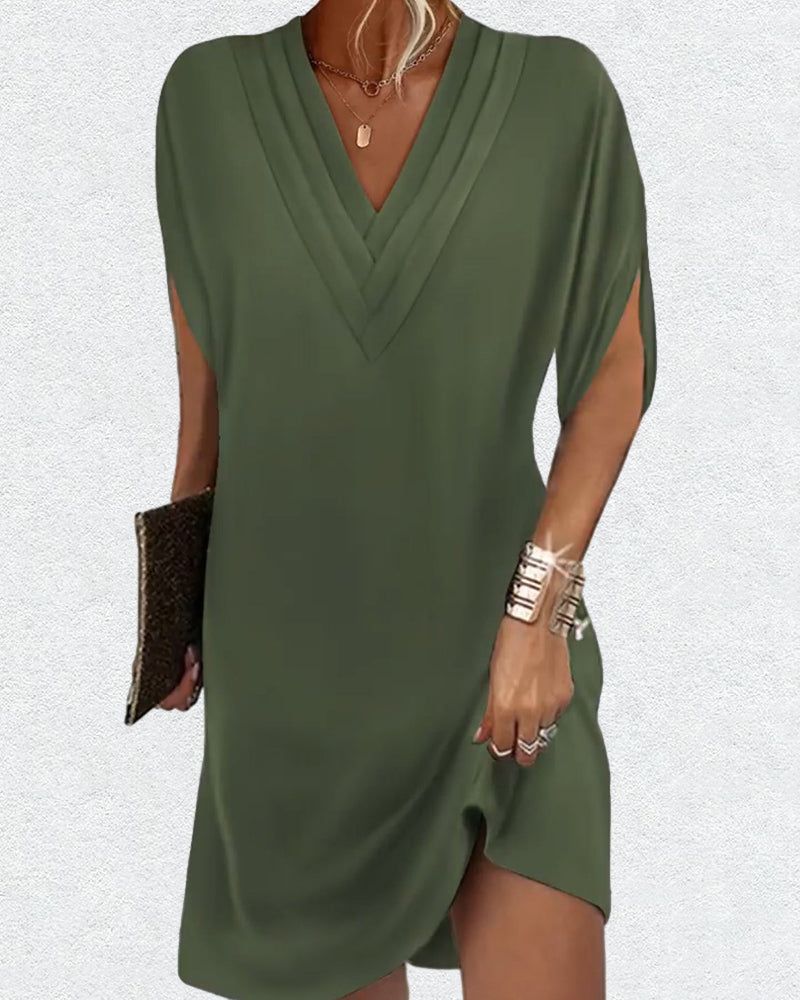 Damen Kleid Elegant V-Ausschnitt Kurzarm Sommer Freizeitkleid mit Schlitz
