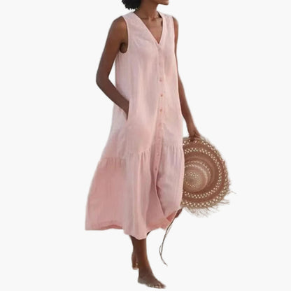 Damen Sommer Strandkleid ärmellos V-Ausschnitt Knopfleiste Freizeitkleid