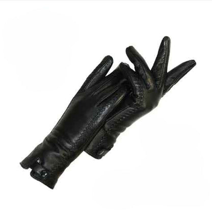Schwarze Handschuhe aus weichem Material mit Knopfdetails und sichtbaren Nähten