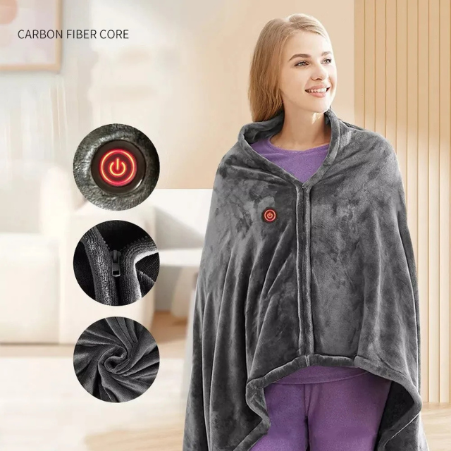 Grauer tragbarer Heiz-Poncho Decke mit Reißverschluss und Kapuze für Damen