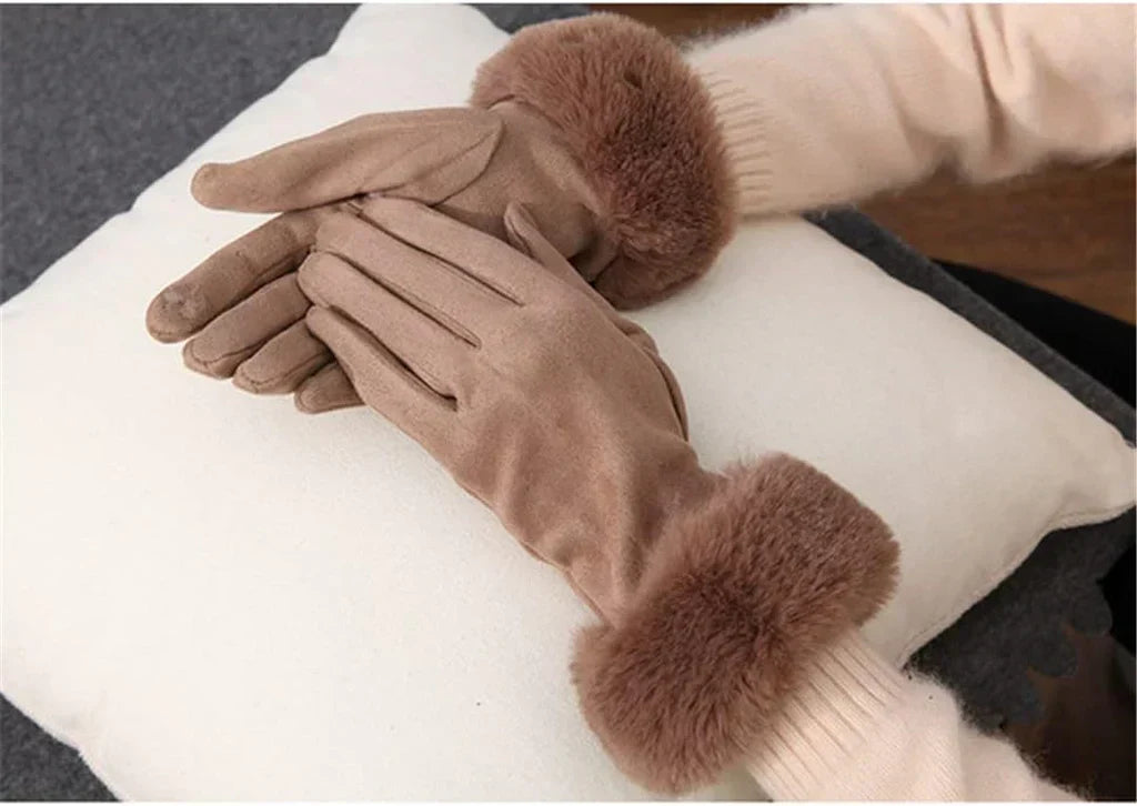 Damen Handschuhe mit Kunstfellbesatz, weich gefüttert, Rosa