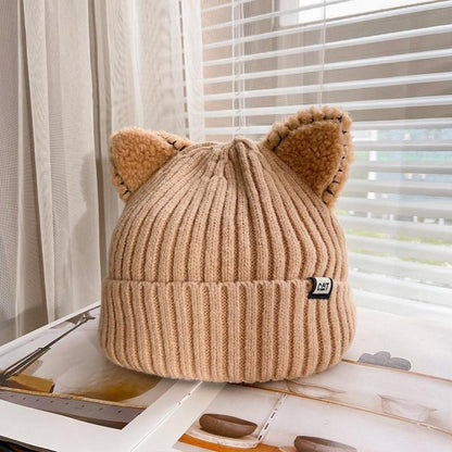 Gerippte Beanie Mütze mit Katzenohren und Umschlag, verschiedene Farben