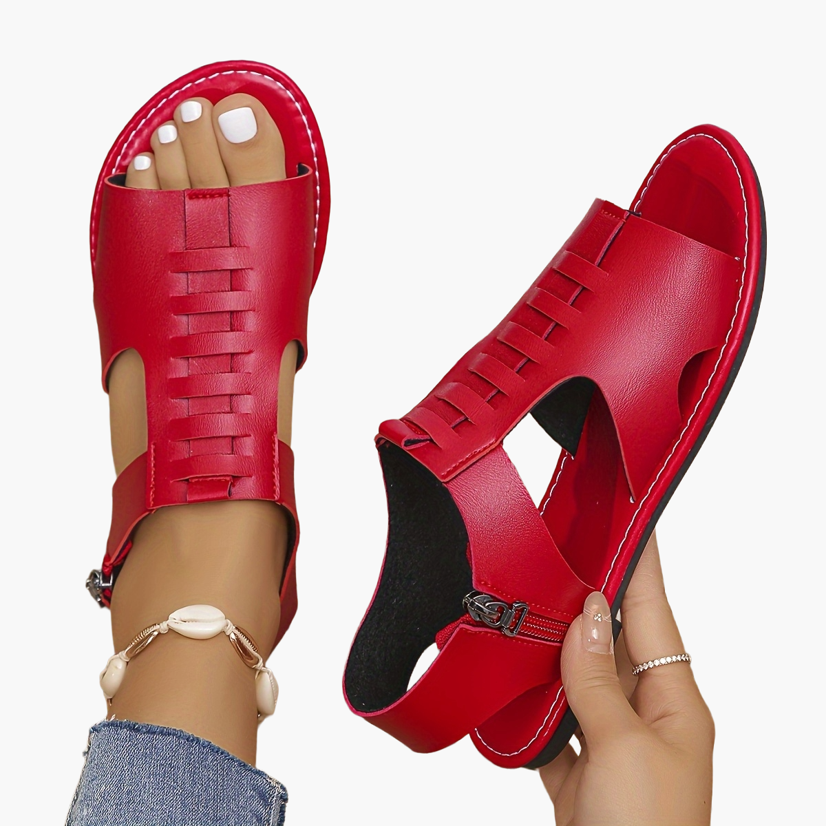 Damen Sandalen im Boho-Stil mit Reißverschluss und offener Zehenpartie – Bequeme Sommerschuhe für Alltag & Freizeit