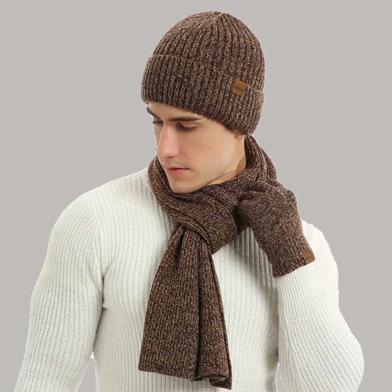 Unisex Winter Strickmütze Schal Handschuhe Set gerippt Touchscreen
