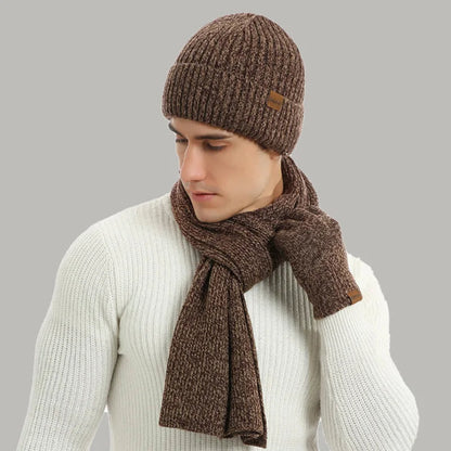 Unisex Winter Strickmütze Schal Handschuhe Set gerippt Touchscreen