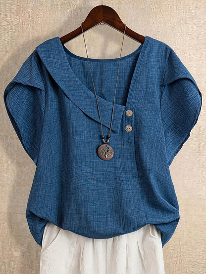 Damen Tunika Bluse mit asymmetrischem Ausschnitt und Knopfdetail – Künstlerischer Casual Look