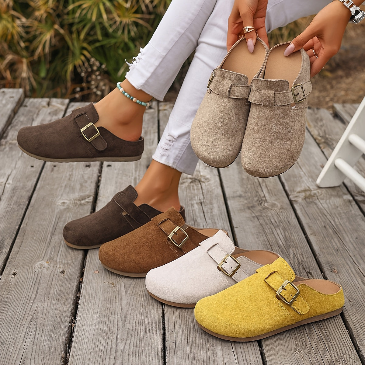 Damen Clogs Slip-On mit Schnalle – Bequeme Freizeit Pantoletten für Alltag und Garten