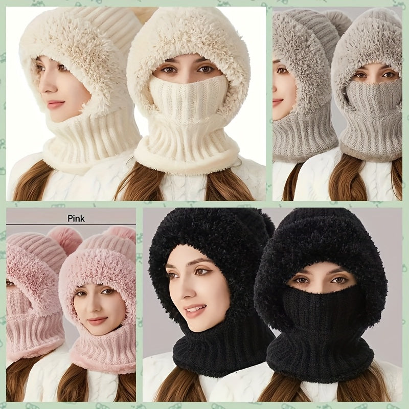 Winter Beanie mit Fleece-Futter und Halswärmer – Gestrickte Mütze mit abnehmbarer Gesichtsmaske, Pompon und Pelzbesatz