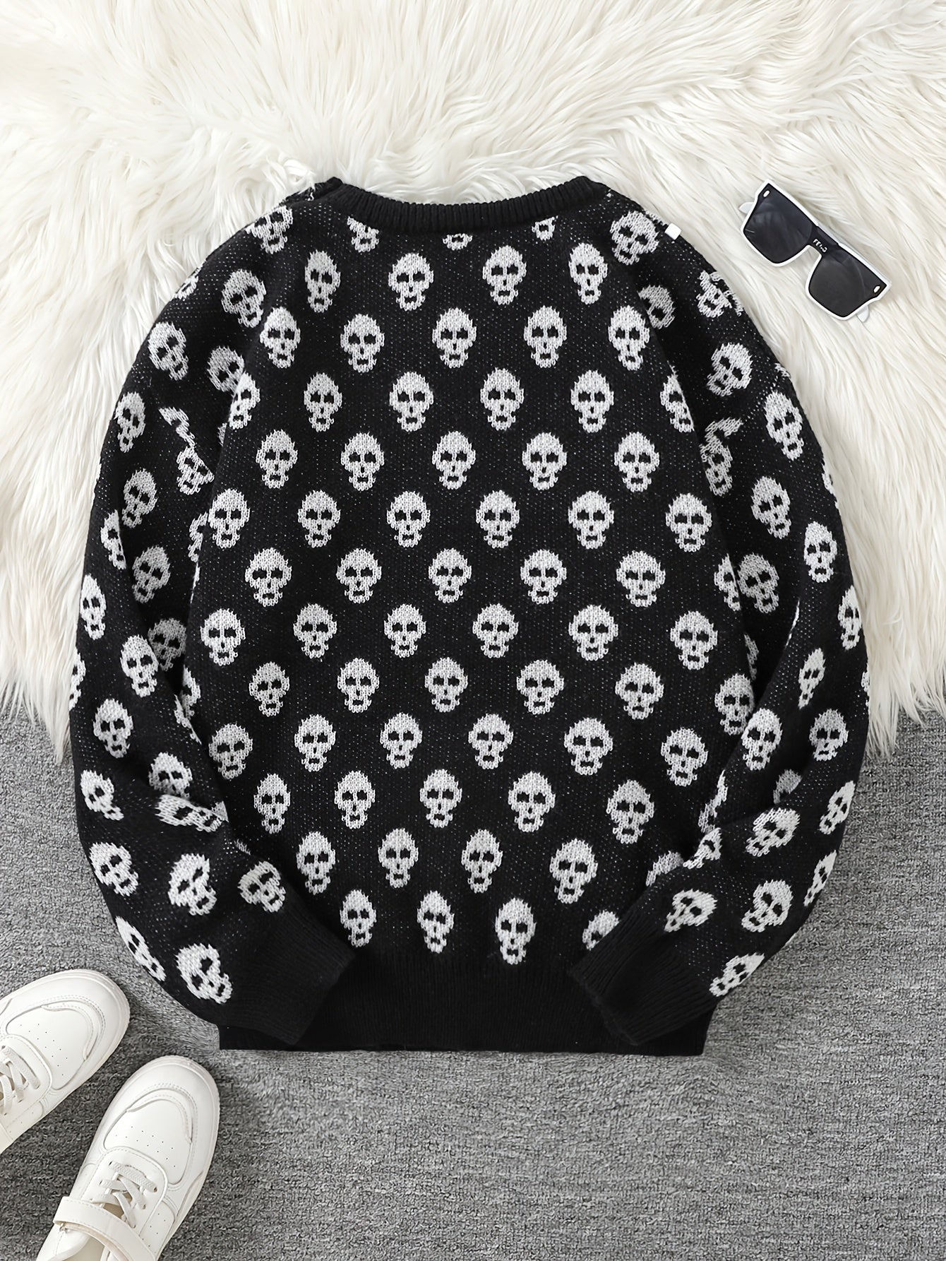 Unisex Pullover mit Totenkopfmuster Strick Rundhals Langarm Strickpullover