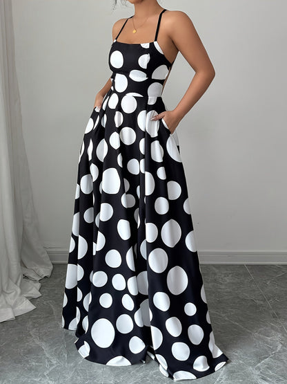 Damen Maxikleid mit Rückenausschnitt und Polka-Dot-Design – Elegantes Abendkleid mit Taschen